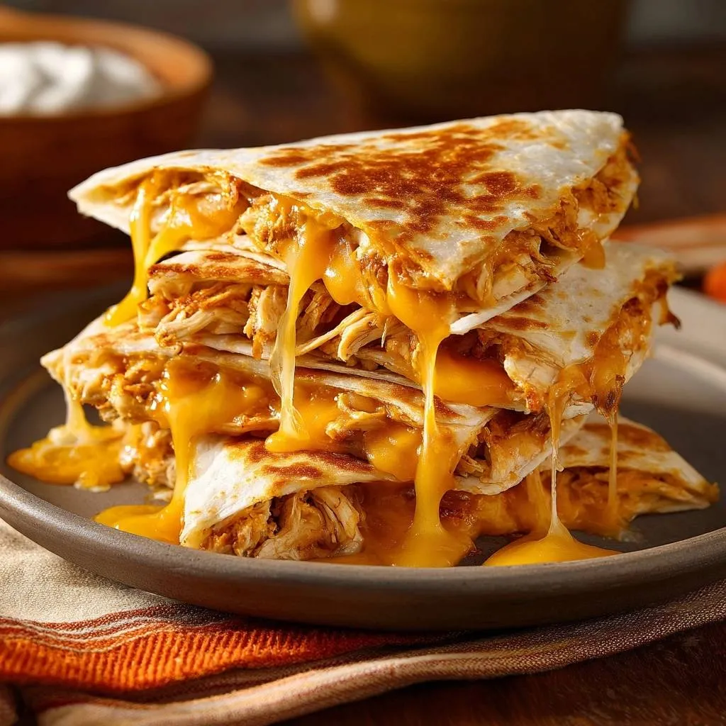 Cheesy chicken quesadillas with golden melted cheese dripping down the stacked slices.