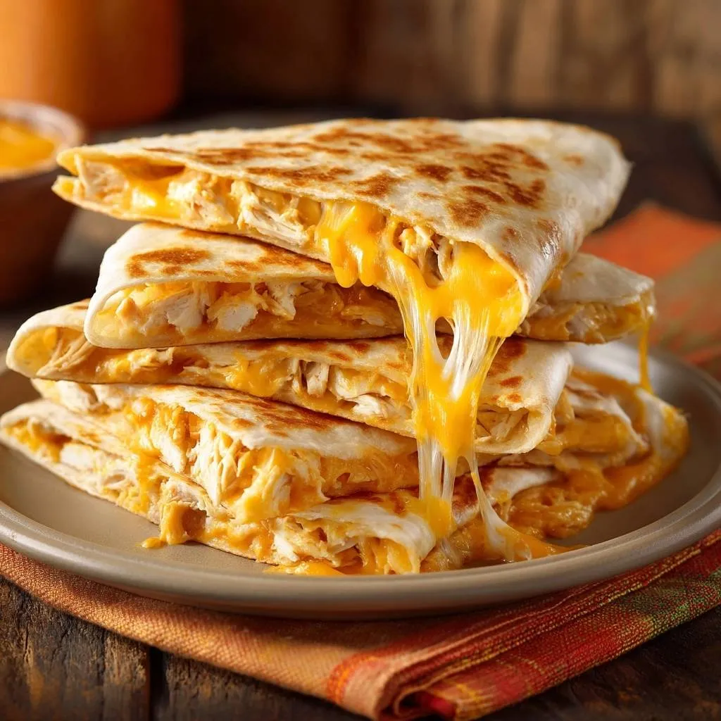 Cheesy chicken quesadillas with a dramatic melted cheese pull, showcasing the gooey interior of the stacked dish.