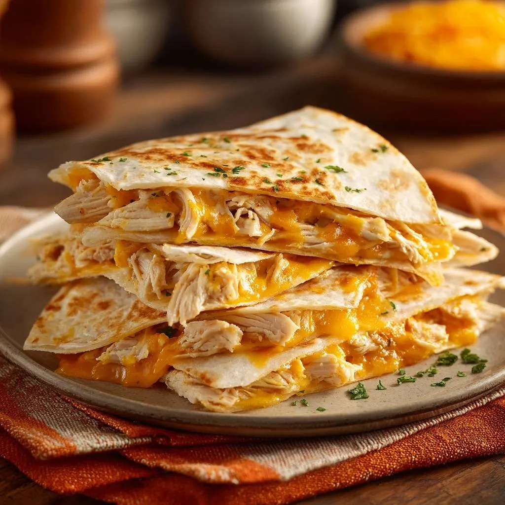 Cheesy chicken quesadillas with crispy edges shown in a close-up cross-section revealing the melted cheese and filling.