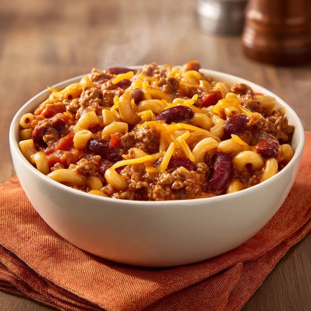 Cheesy chili mac with al dente pasta and kidney beans served in a white bowl, showing steam rising.