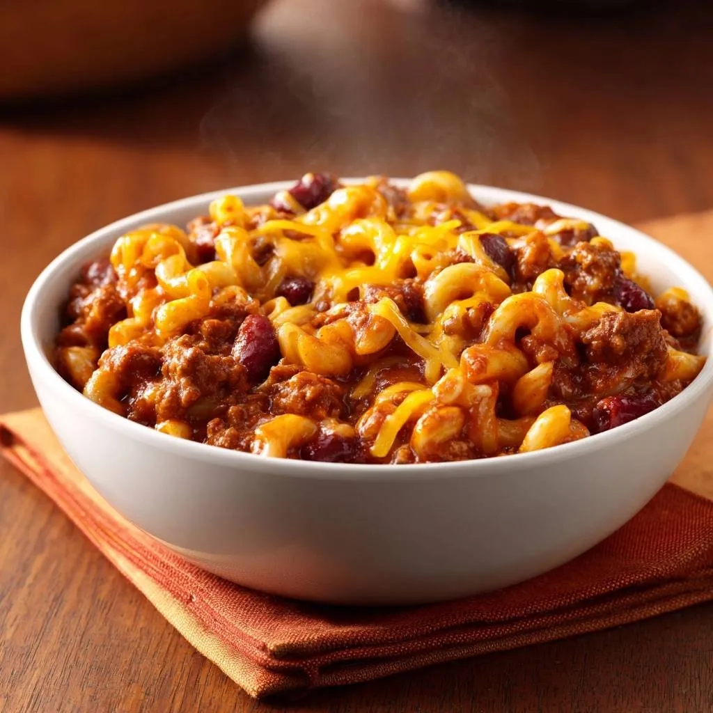 Cheesy chili mac with a steaming, close-up view in a white bowl, showcasing melted cheddar and pasta.