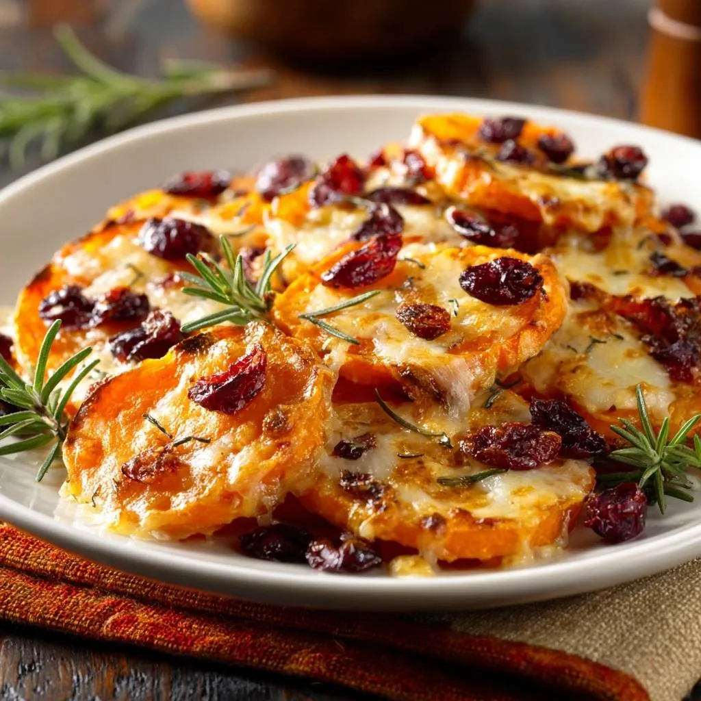 Cheesy cranberry rosemary sweet potatoes are shown in a close-up view, highlighting the melted cheese and tender sweet potato slices.