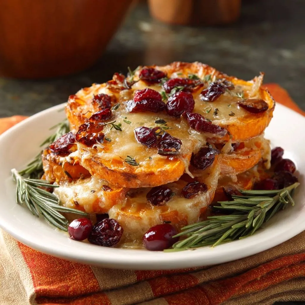 Cheesy cranberry rosemary sweet potatoes stacked on a white plate, garnished with fresh rosemary sprigs.