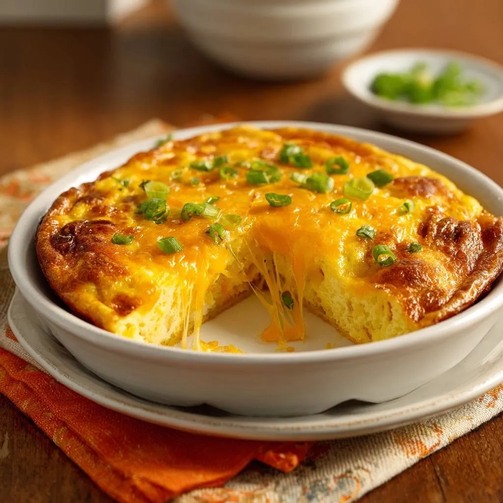 Cheesy green onion frittata cross-section with melted cheddar cheese and a gooey cheese pull.