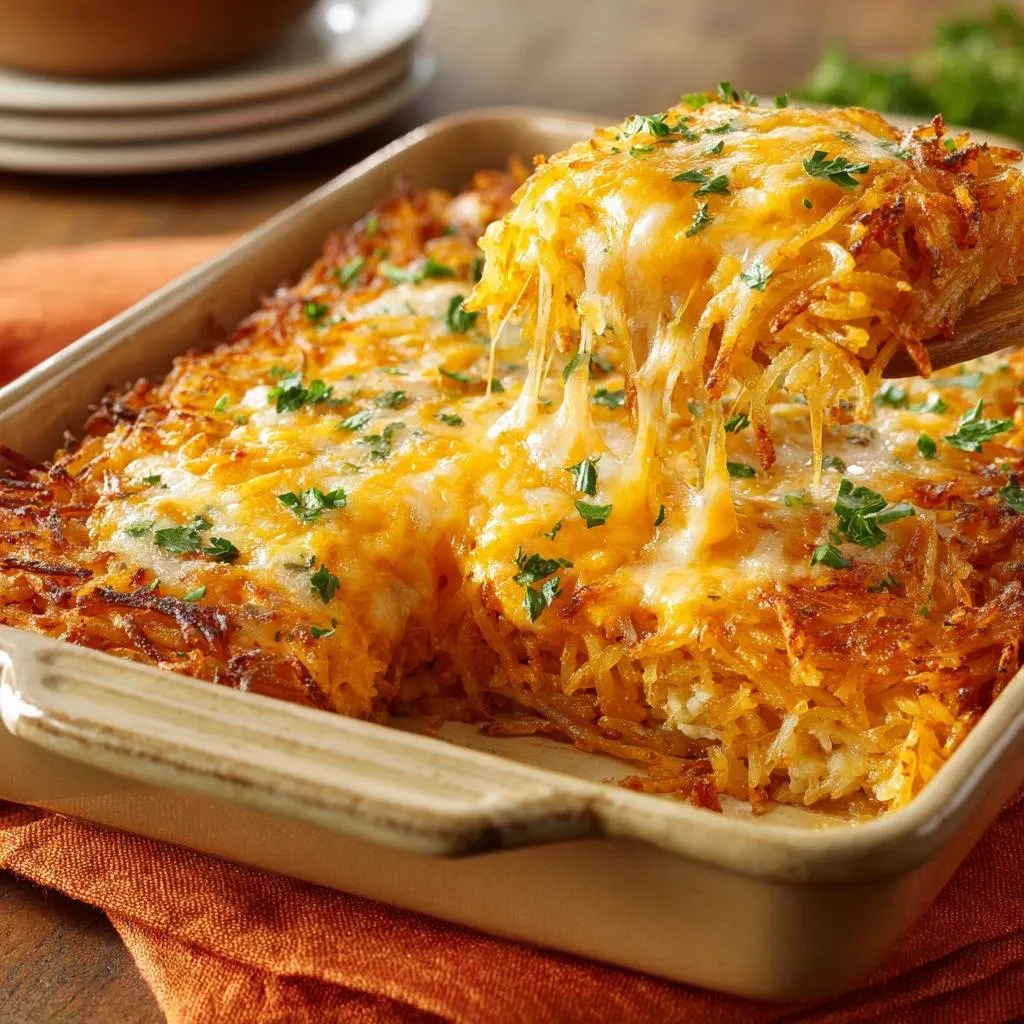 Cheesy hash brown casserole with a generous pull of melted cheese being lifted from the baking dish.