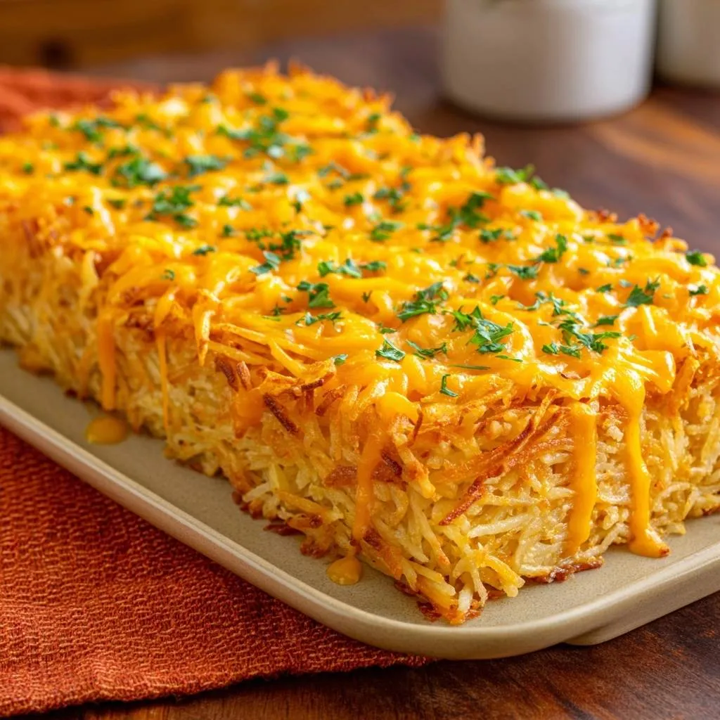 Cheesy hash brown casserole with a golden melted cheese topping and fresh parsley garnish.