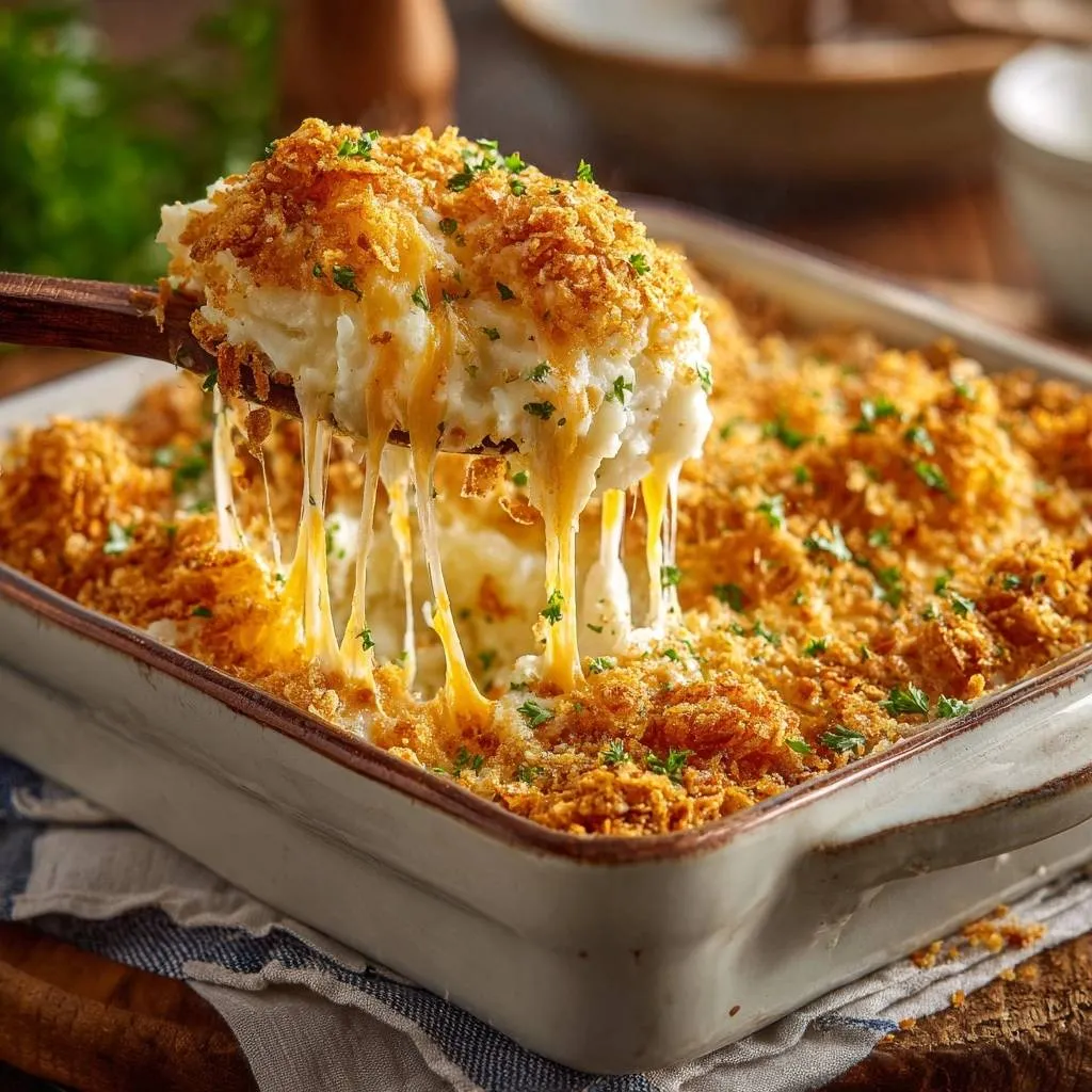Cheesy mashed potato casserole with a generous cheese pull, showcasing its golden breadcrumb topping and fresh parsley garnish.