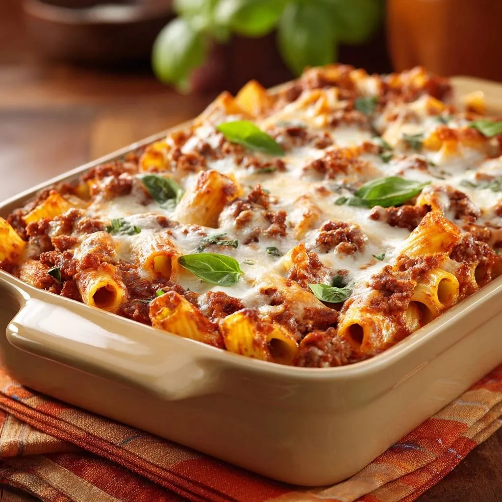 Cheesy meat sauce baked rigatoni in a baking dish, showing a close-up view of the bubbly cheese and pasta.