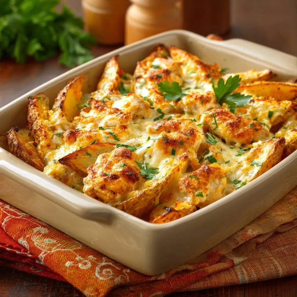 Cheesy mushroom baby potatoes baked in a casserole dish, topped with melted cheese and fresh parsley garnish.