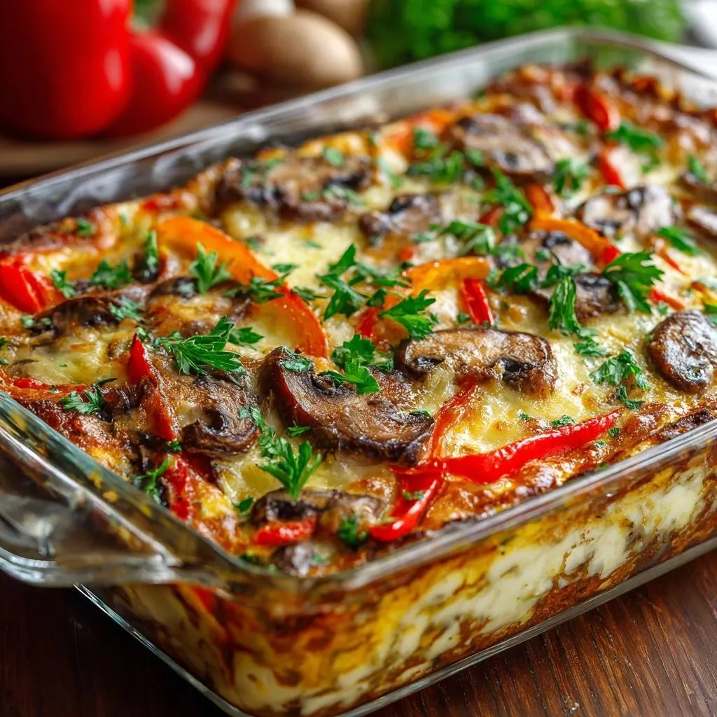 Cheesy mushroom pepper frittata shown in a glass baking dish with melted cheese and fresh parsley garnish.