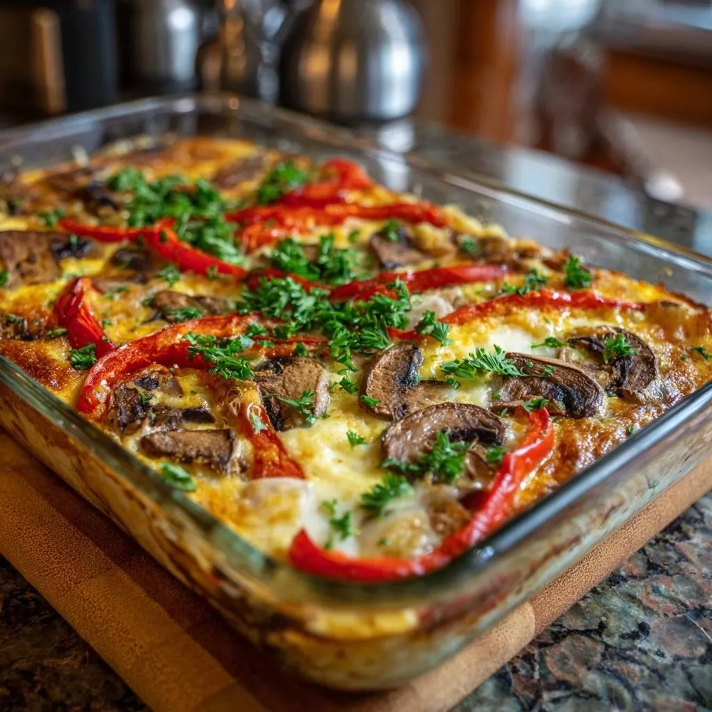 Cheesy mushroom pepper frittata shown in a glass baking dish, garnished with fresh parsley and red bell peppers.