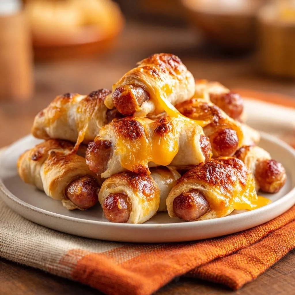 Cheesy pigs in a blanket with melted cheese oozing over the golden-brown pastry, a close-up detail shot.