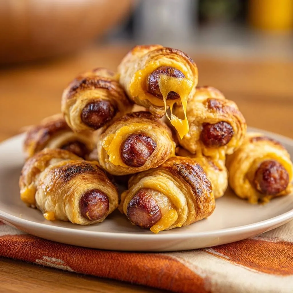 Cheesy pigs in a blanket with golden puff pastry and gooey melted cheese oozing out.