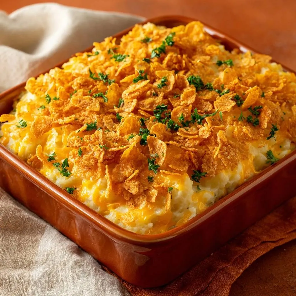 Cheesy potato casserole with crunchy cornflake crust and parsley garnish, shown in a close-up side view.