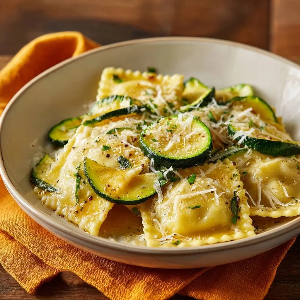 Cheesy ravioli with zucchini served in a bowl, showcasing the tender pasta and vibrant green vegetable slices.