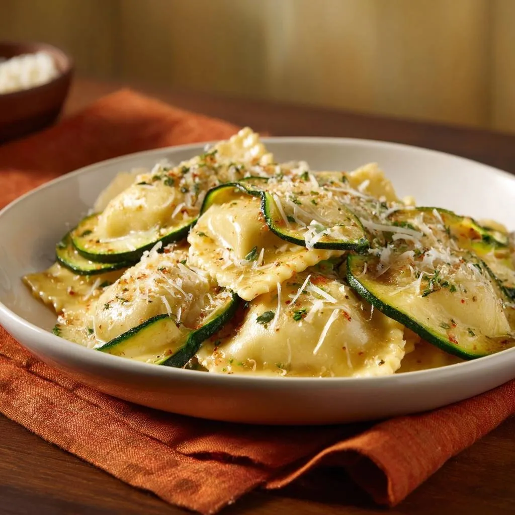 Cheesy ravioli with zucchini and herbs, showcased in a close-up view of a white bowl.