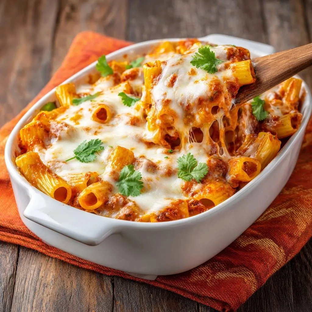 Cheesy rigatoni bake with a spoonful being lifted, showing melted mozzarella cheese stretching from the dish.