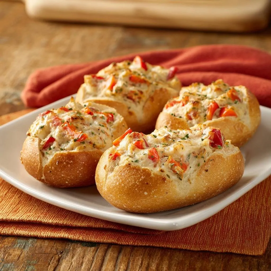 Cheesy roasted red pepper stuffed rolls served on a white plate, showcasing four individual baked rolls filled with a creamy mixture.