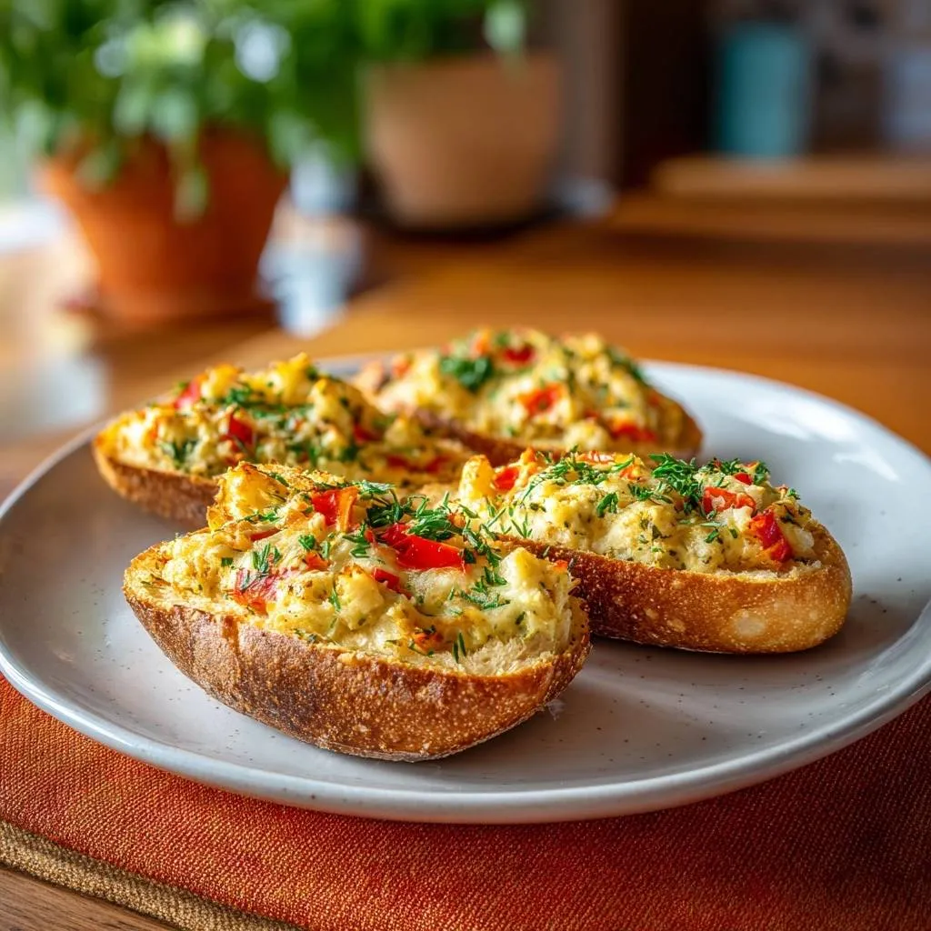 Cheesy roasted red pepper stuffed rolls served on a white plate, three halves visible with fresh dill garnish.