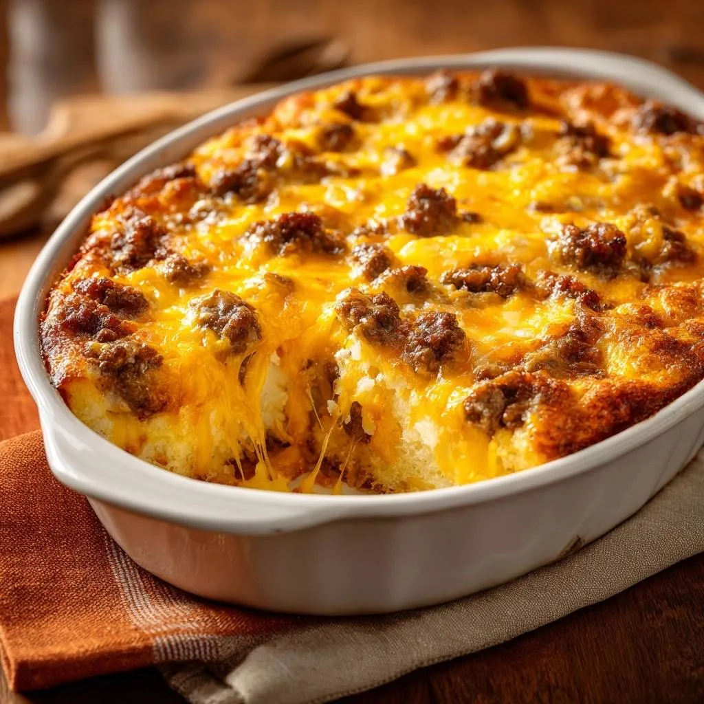 Cheesy sausage biscuit casserole featuring a close-up of melted cheese and sausage in a white baking dish.