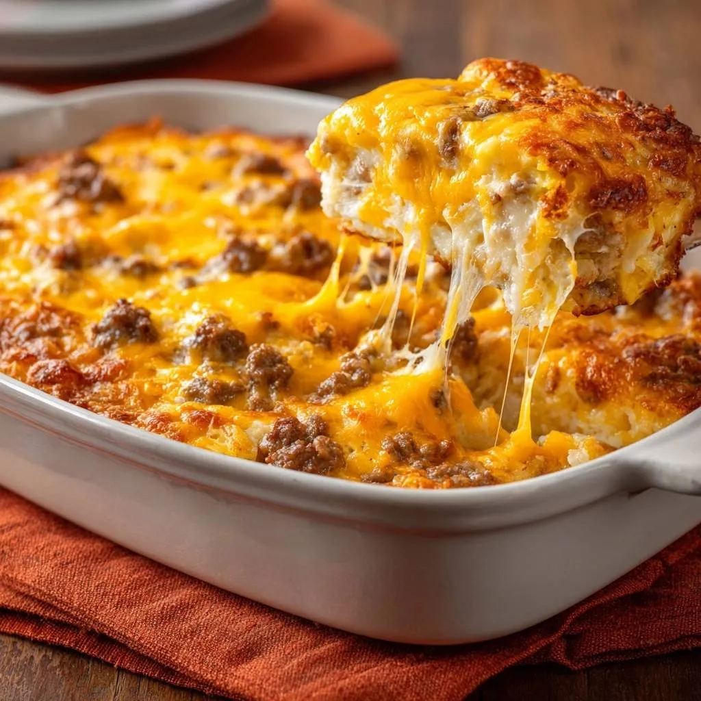 Cheesy sausage biscuit casserole with a gooey cheese pull as a serving is lifted from the dish.