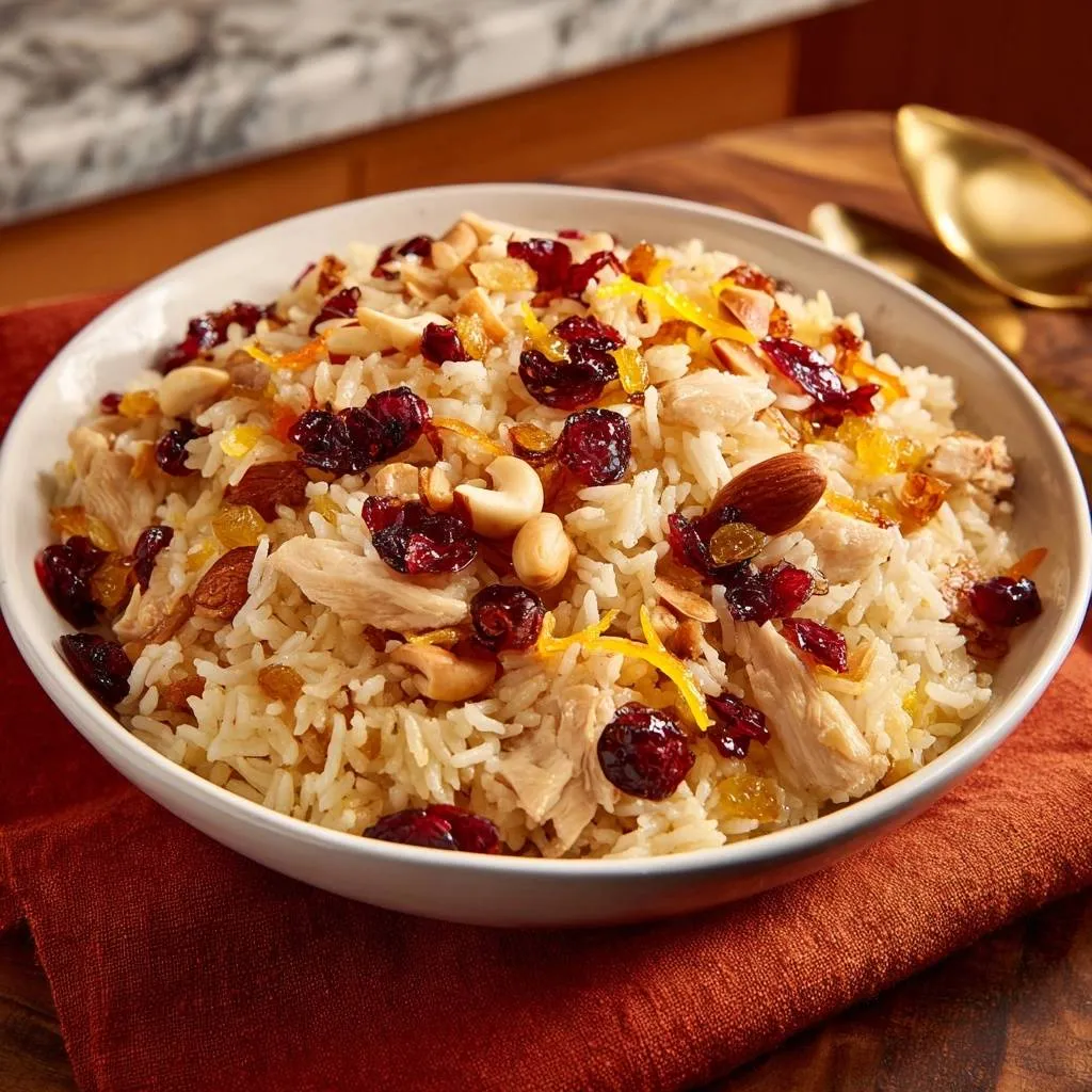 Cheesy Sausage Breakfast Casserole, a close-up view showcasing the fluffy rice, dried cranberries, nuts, and shredded chicken topping.
