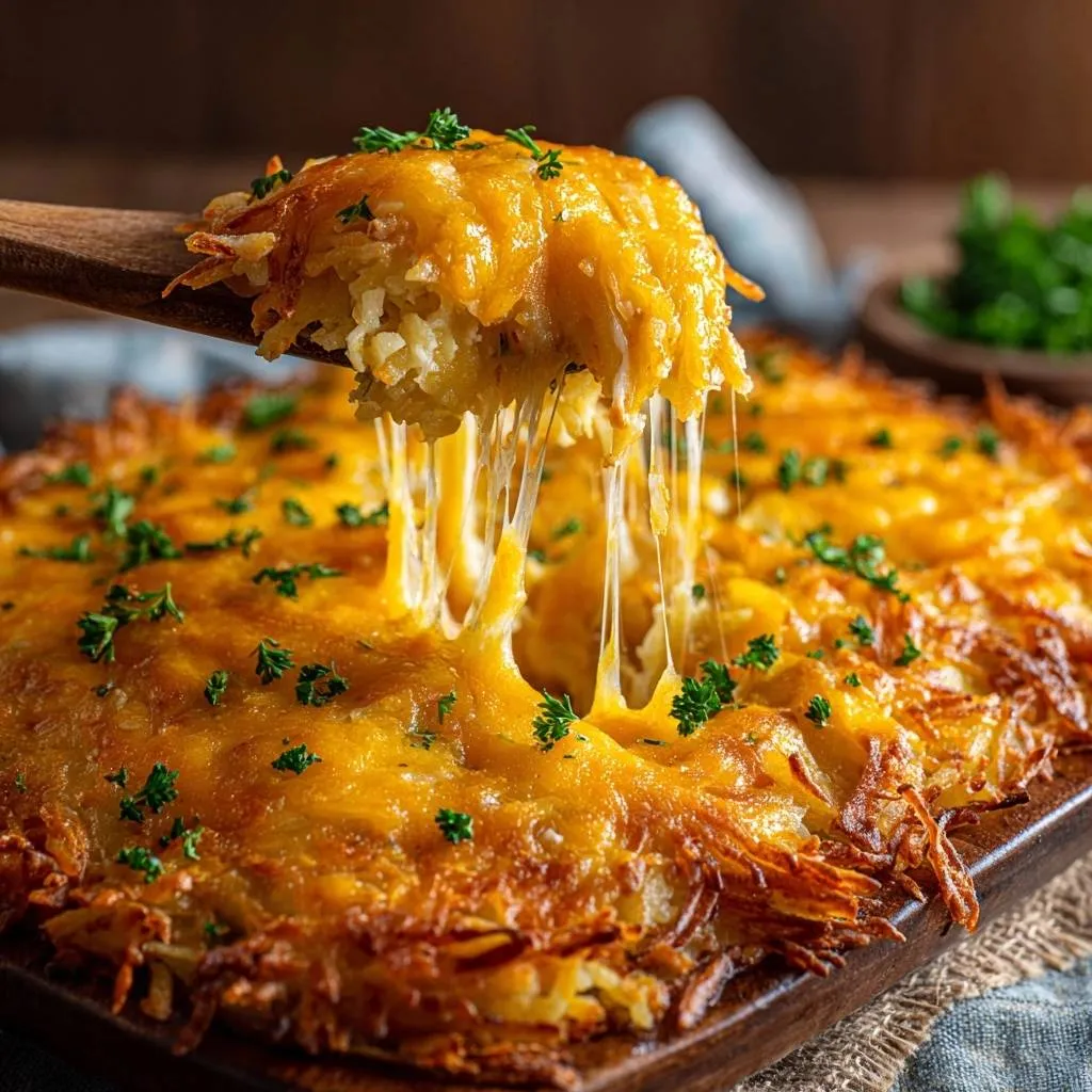 Cheesy shredded potato casserole showing a dramatic cheese pull with melted cheddar and fresh parsley garnish.