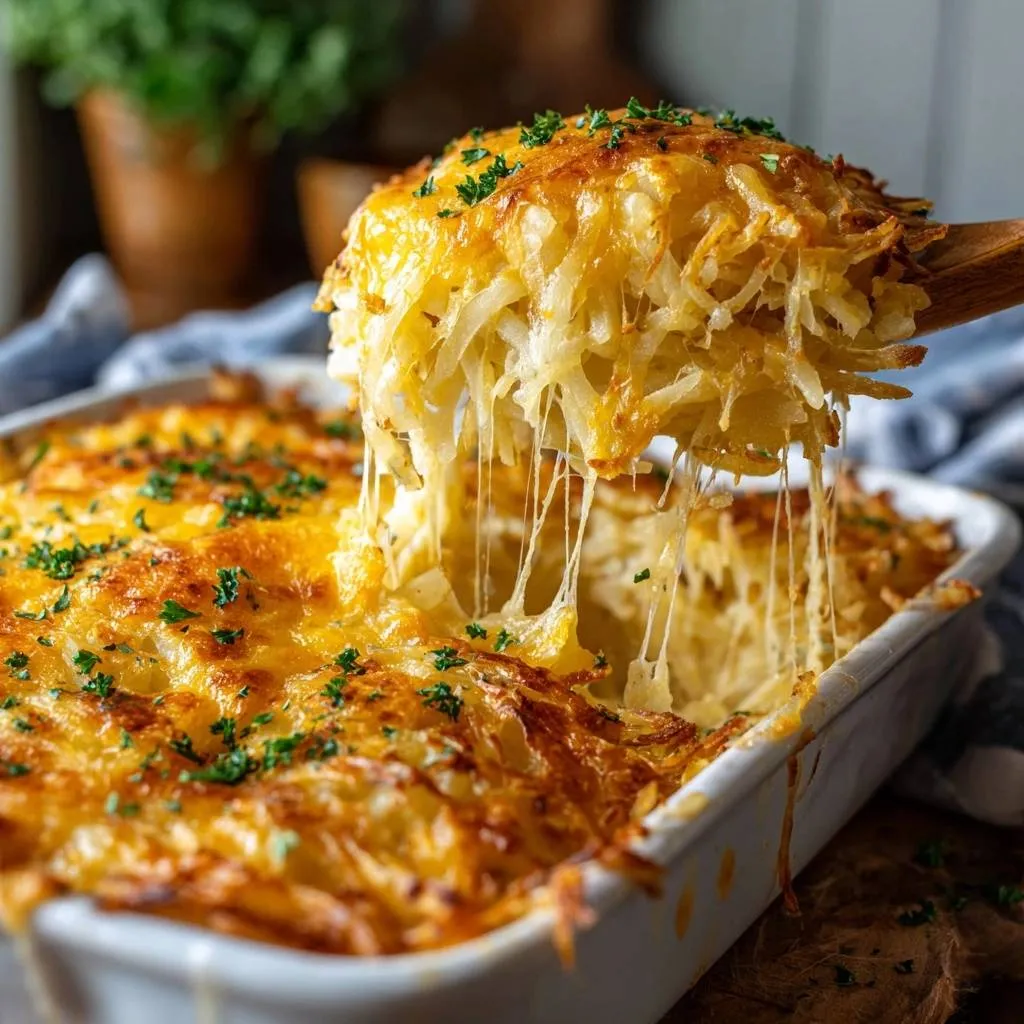 Cheesy shredded potato casserole with a gooey cheese pull being lifted by a wooden spoon.