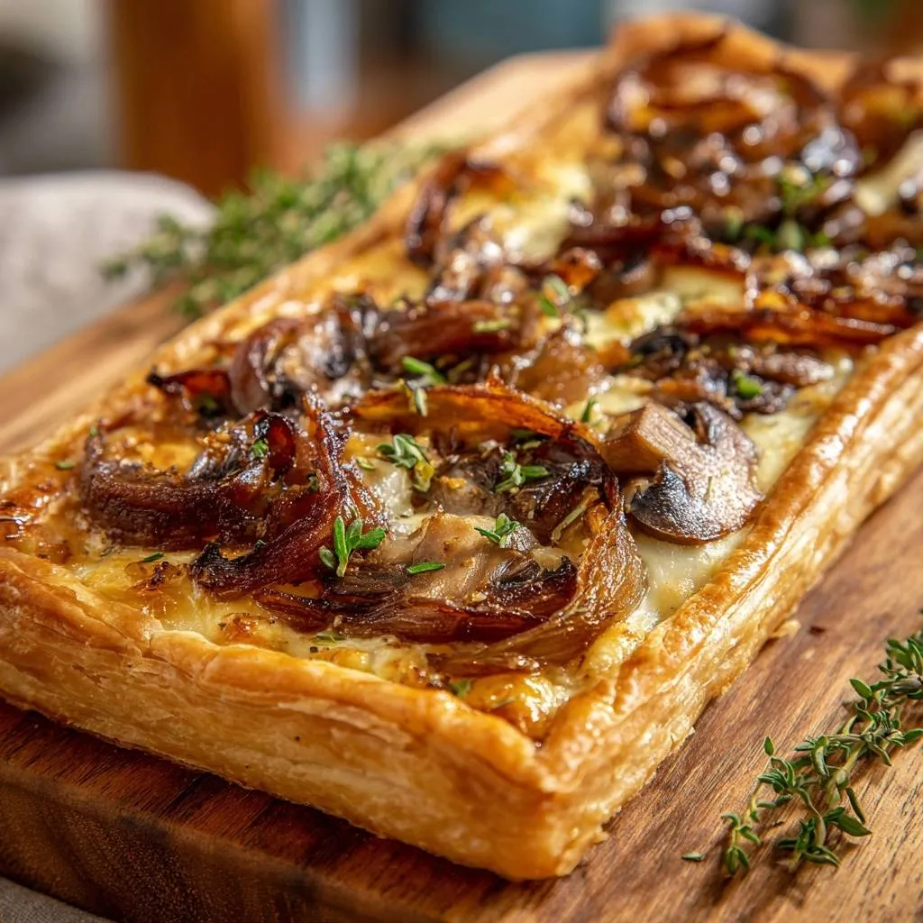 Cheesy skillet crab cauliflower bake topped with caramelized onions and fresh thyme sprigs on a wooden board.