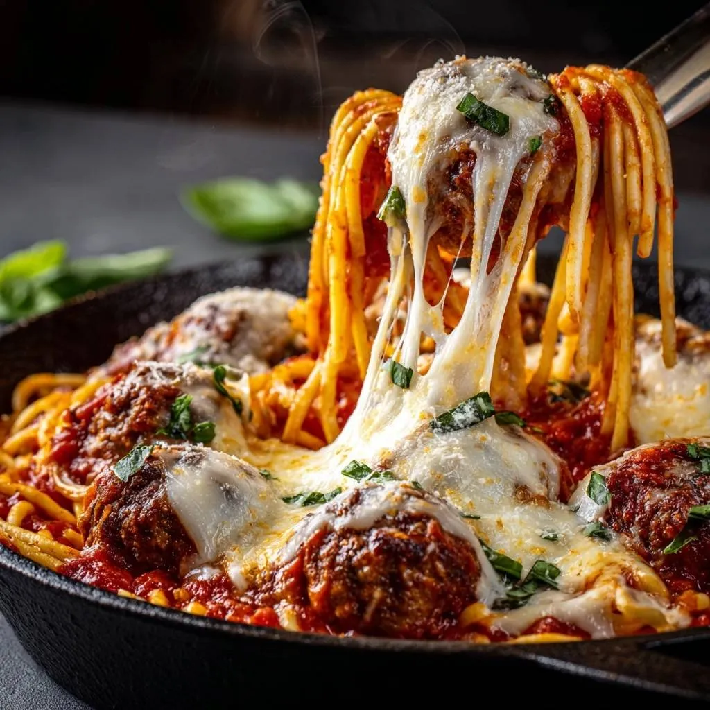 Cheesy skillet spaghetti and meatballs with a long cheese pull, showing melted mozzarella and fresh basil.