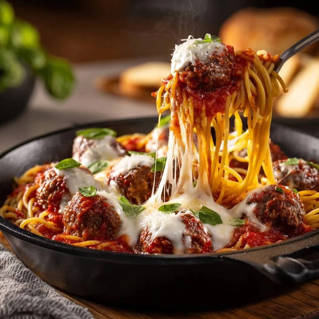 Cheesy skillet spaghetti and meatballs with a dramatic cheese pull being lifted by a fork.