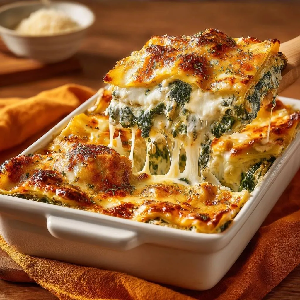 Cheesy spinach lasagna with a slice being lifted, showcasing gooey melted cheese stretching.