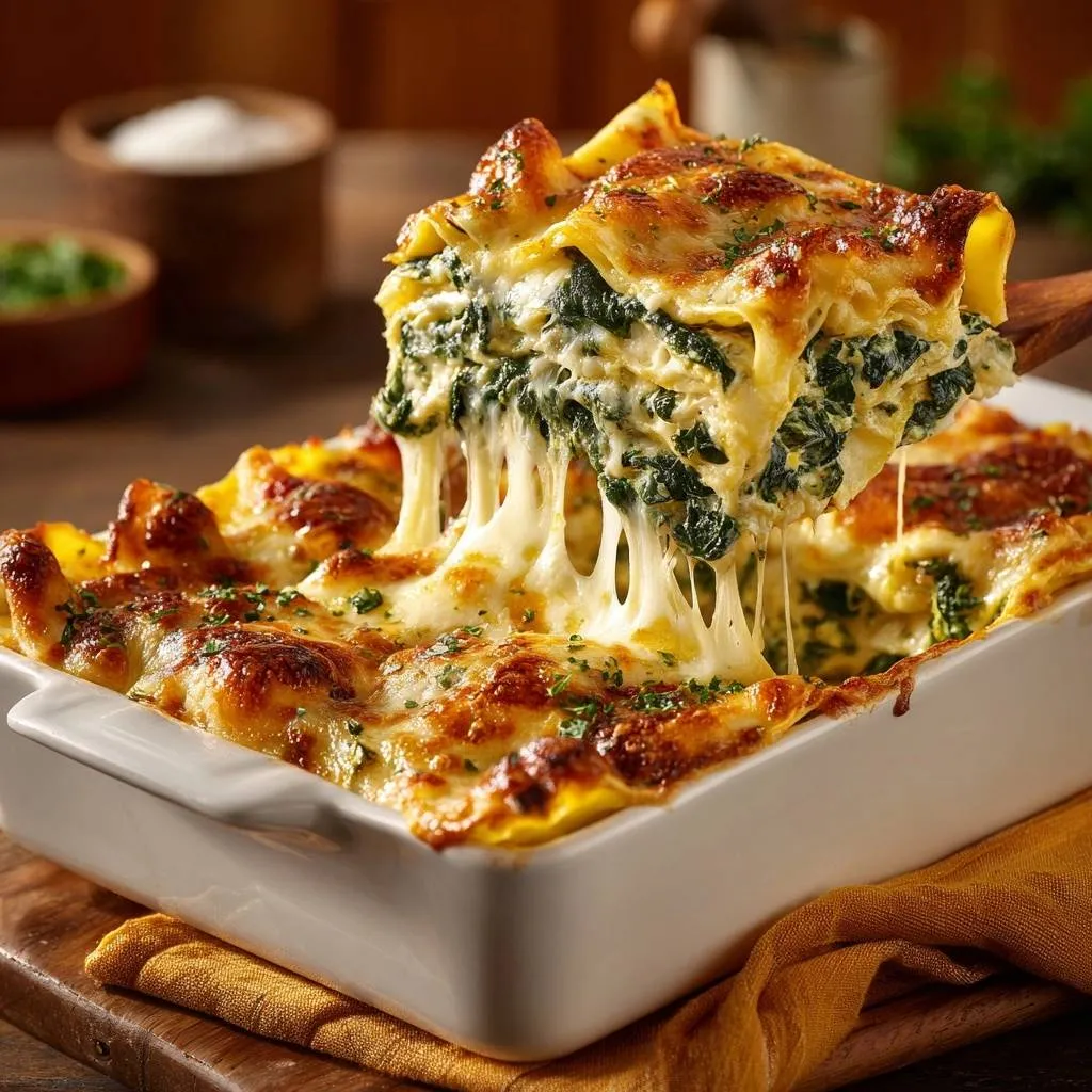 Cheesy spinach lasagna with a slice being lifted, showing gooey cheese pulls and layers.
