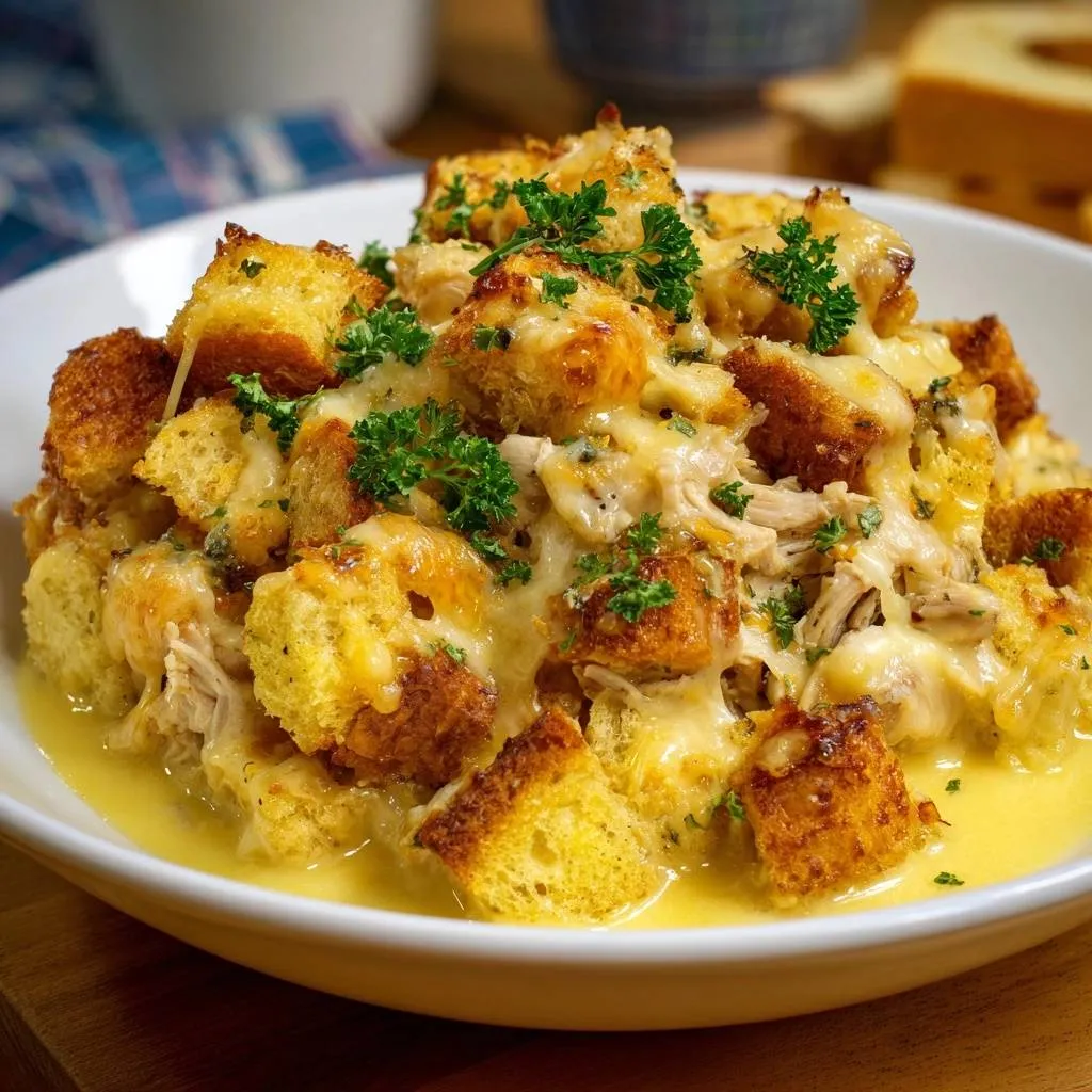 Cheesy tater tot casserole with crispy edges, featuring a close-up view of melted cheese and toasted bread cubes.