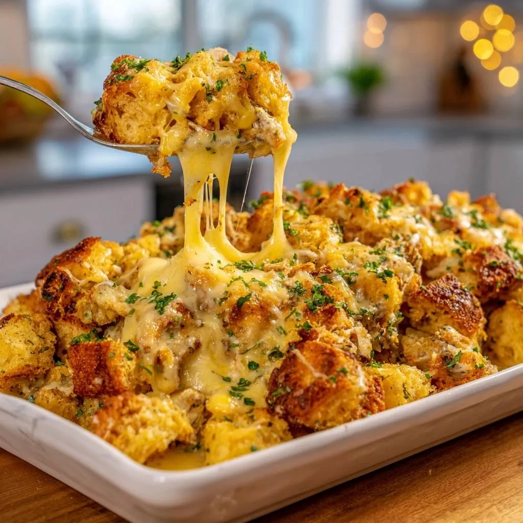 Cheesy tater tot casserole with a gooey cheese pull captured on a fork, showcasing its rich and melty topping.