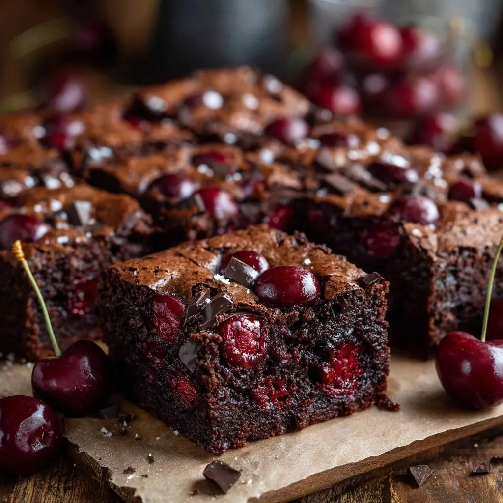 Cherry chocolate brownies cross-section with whole cherries and dark chocolate chunks visible.
