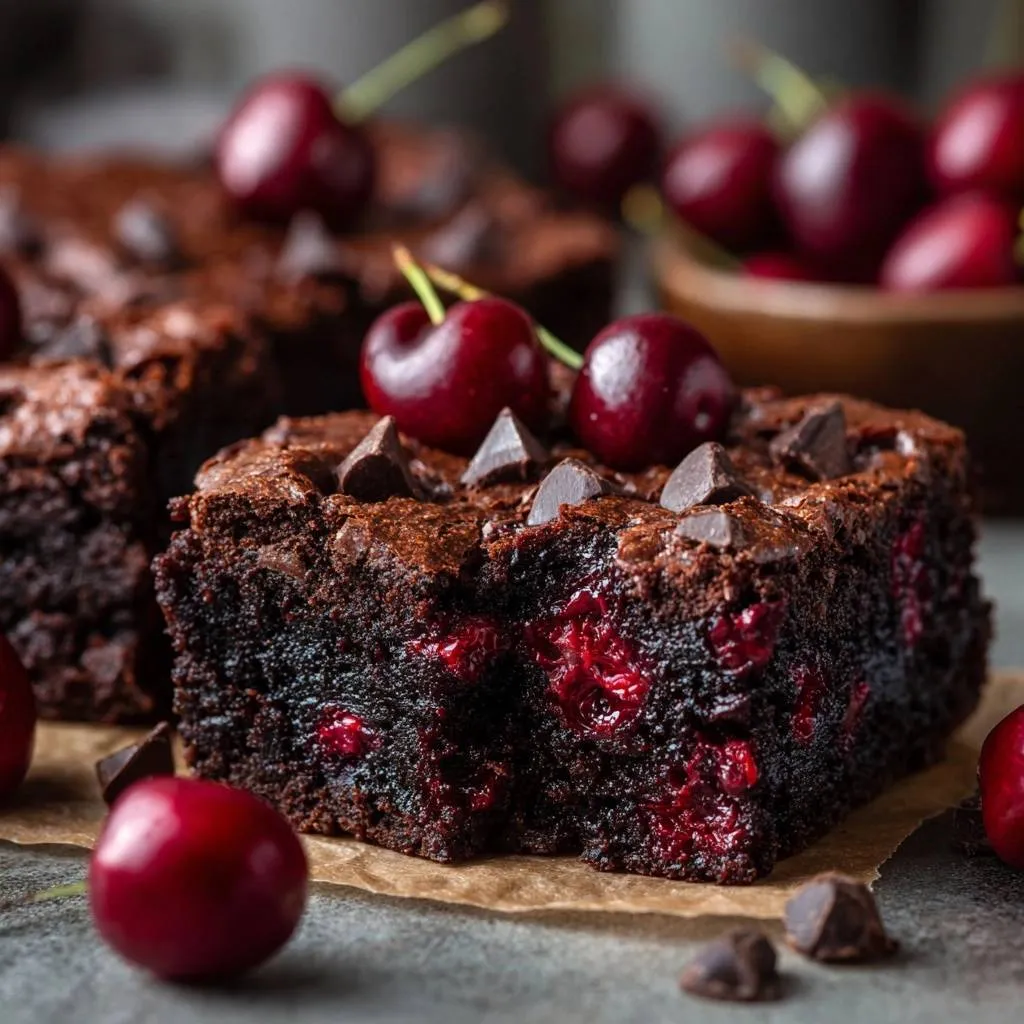 Cherry chocolate brownies with a close-up cross-section revealing the rich interior and whole cherries.
