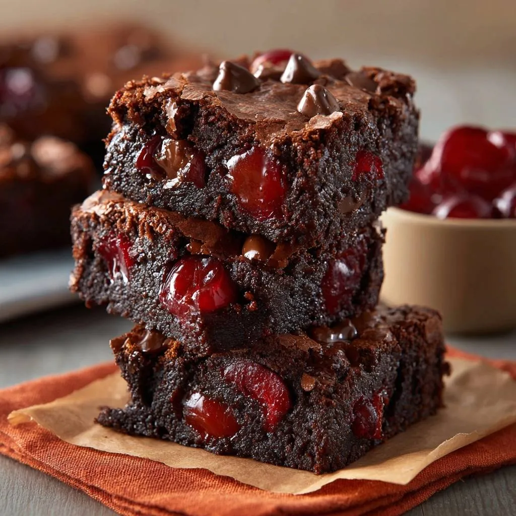 Cherry chocolate brownies with suspended cherries, showing a stacked cross-section with gooey chocolate and whole cherries.