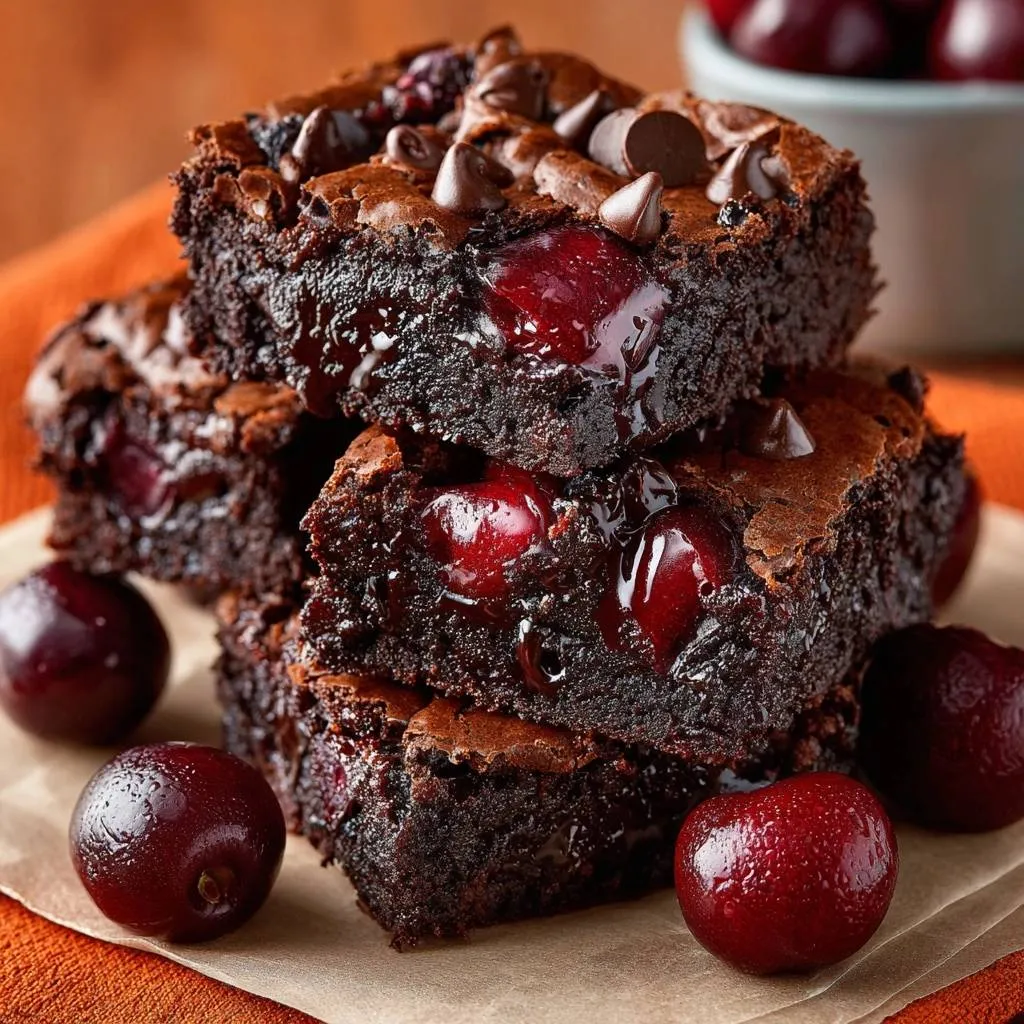 Cherry chocolate brownies with suspended cherries stacked high, showcasing gooey chocolate and whole cherries.