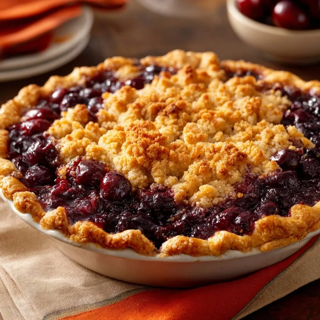 Cherry crumble pie with a no-runny filling, showing a close-up of the golden crumble topping and juicy cherries.