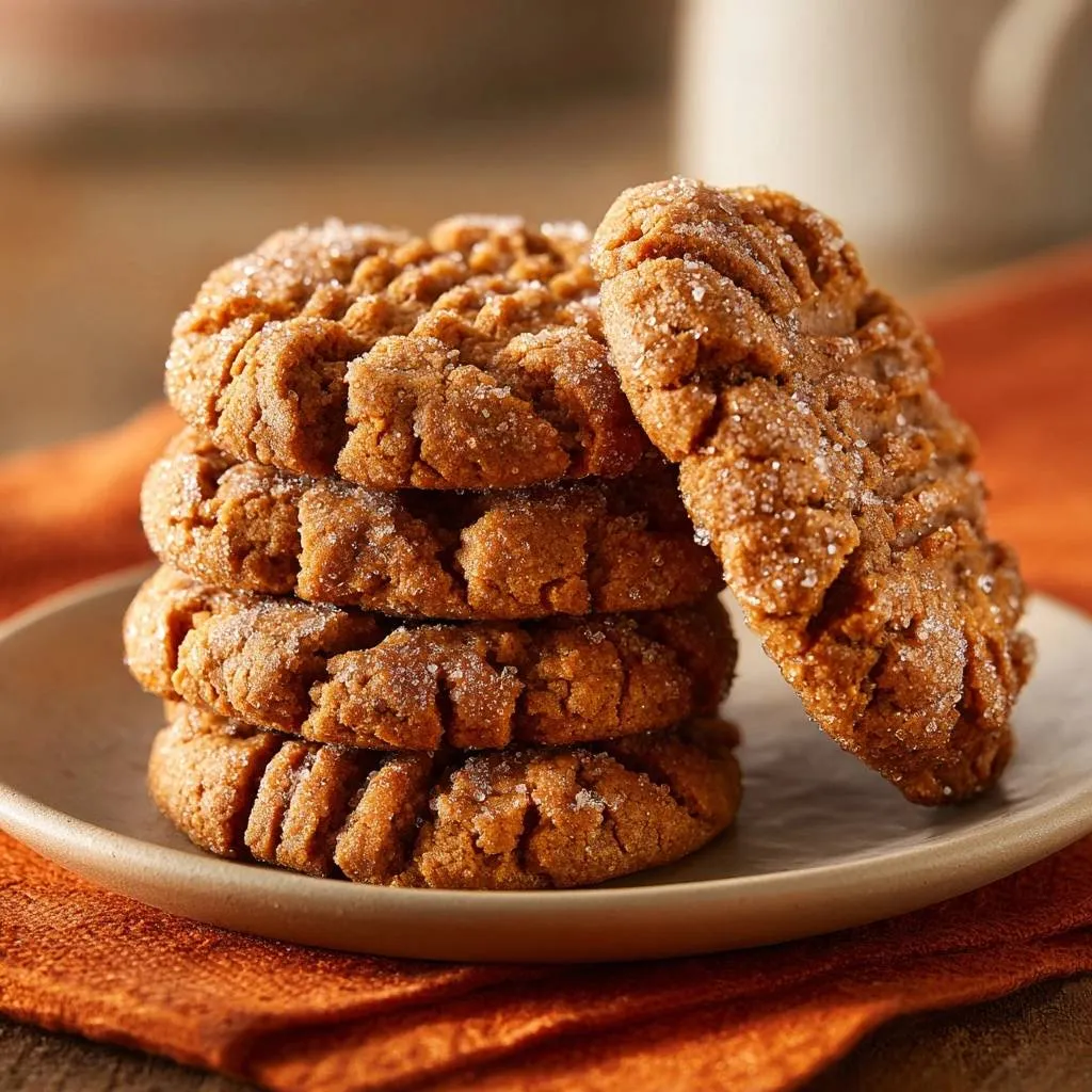 Chewy gingersnaps stacked on a plate, showcasing their thick, crinkly texture and sugar coating.