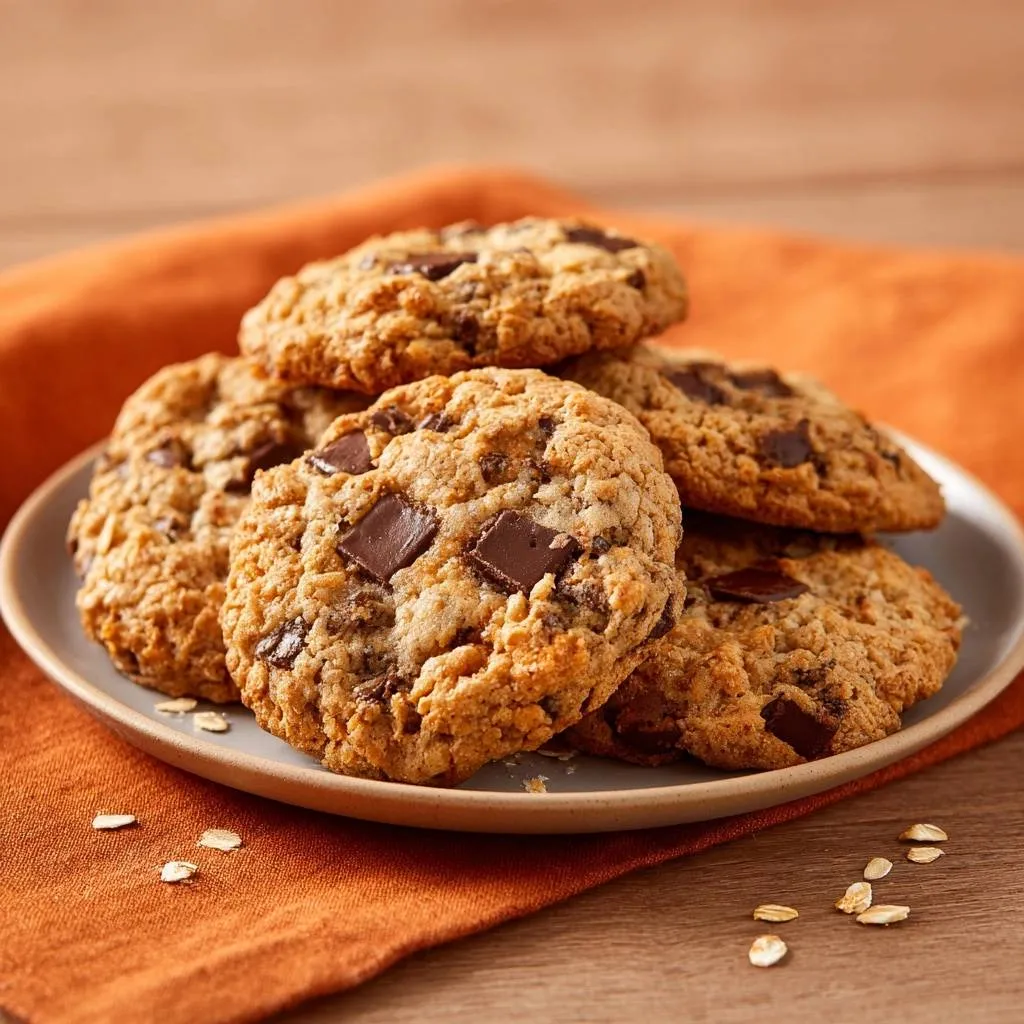 Chewy oatmeal chocolate chip cookies are piled high on a plate, showcasing their texture and chocolate chunks.