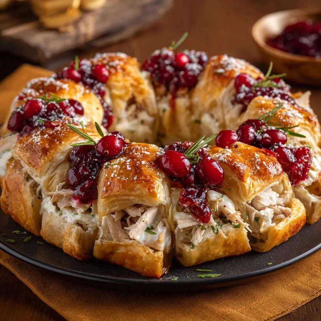 Chicken cranberry brie wreath recipe, a close-up view showcasing the golden pastry, creamy filling, and vibrant cranberry garnish.