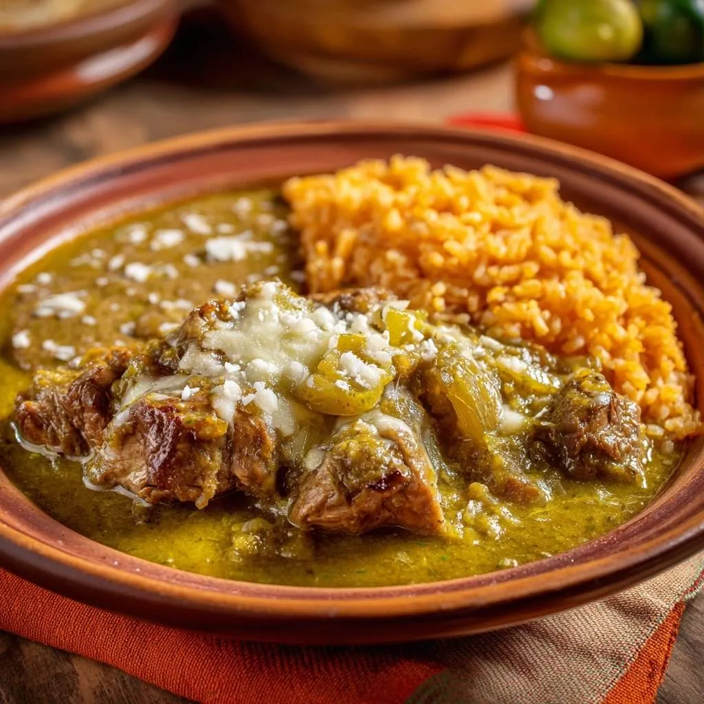 Chicken in salsa verde plated with Mexican rice and garnished with cheese and jalapeños.