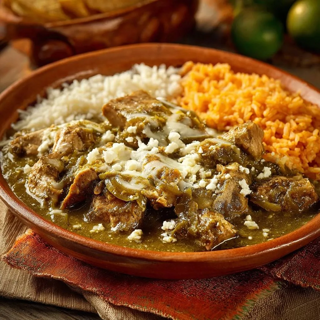 Chicken in Salsa Verde plated with white and orange rice, topped with crumbled cheese.
