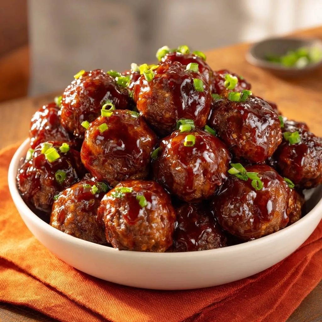 Chicken pepper mushroom stir-fry featuring glossy glazed meatballs topped with fresh green onion garnish in a white bowl.
