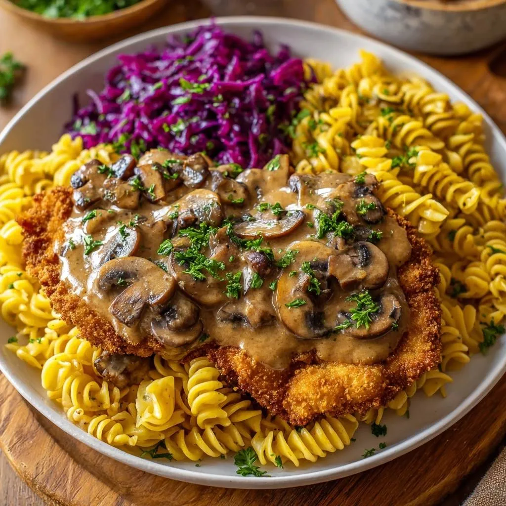 Crispy chicken schnitzel with mushroom gravy served with pasta and red cabbage on a white plate.