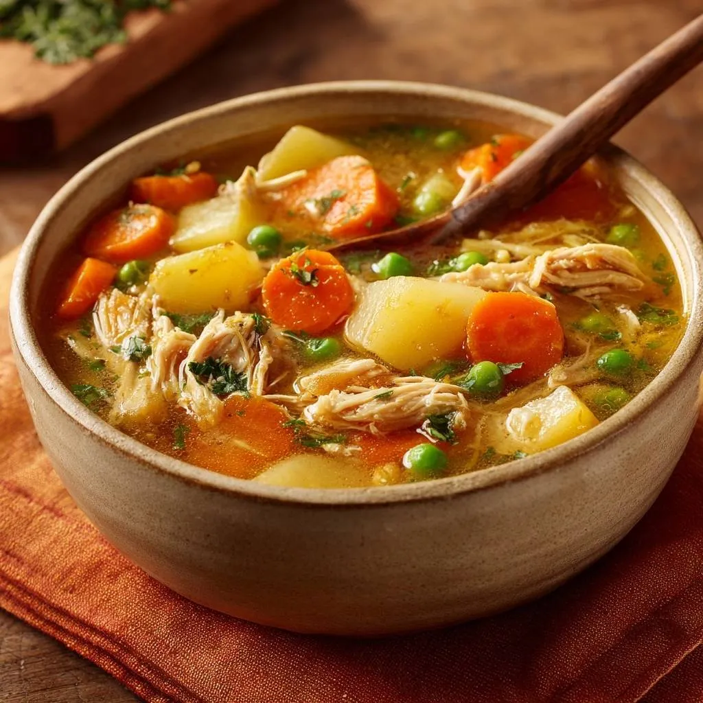 Chicken vegetable soup close-up in a rustic bowl with tender chicken, carrots, potatoes, and peas, with a wooden spoon.