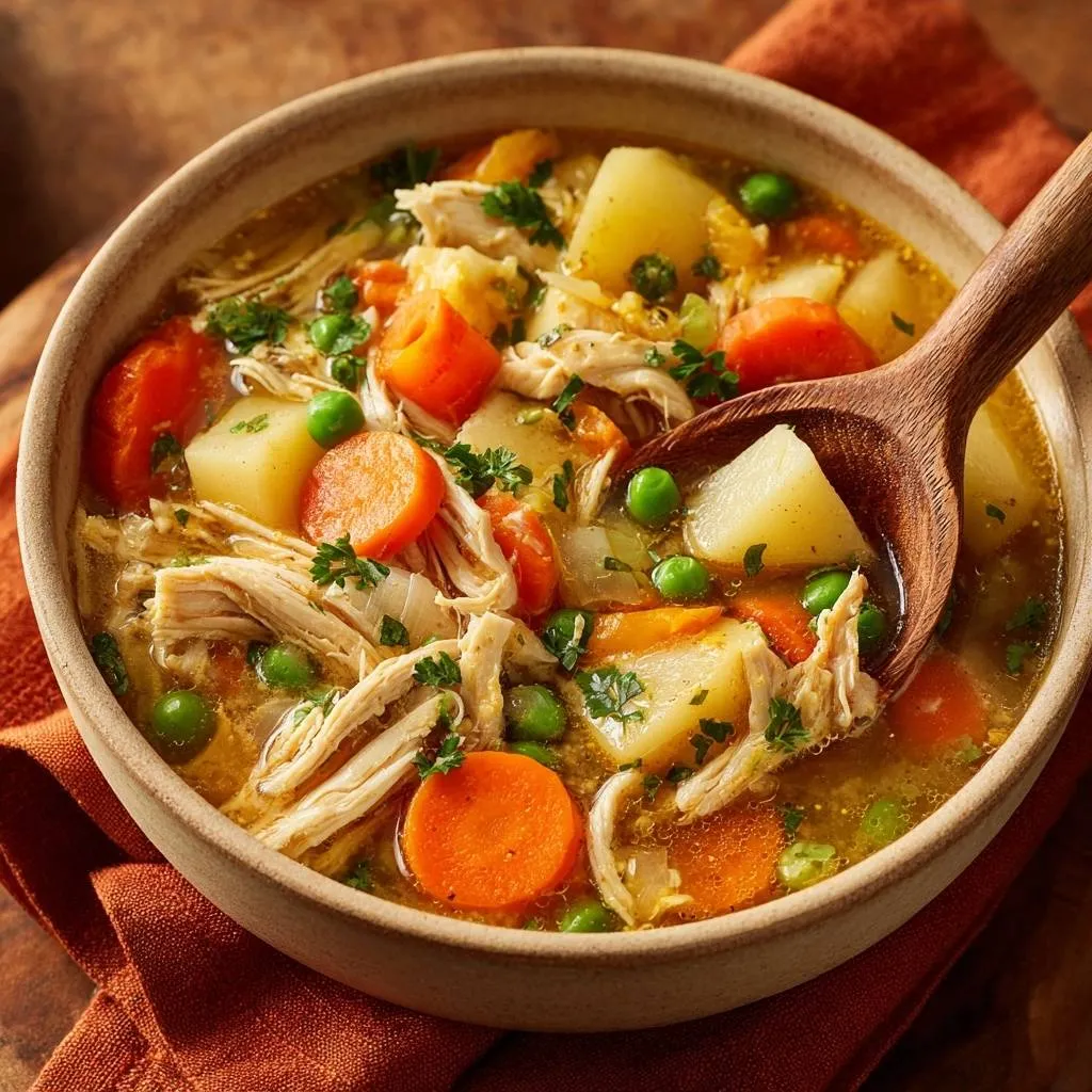 Chicken vegetable soup with potatoes, carrots, and peas, captured in a close-up spoonful detail.