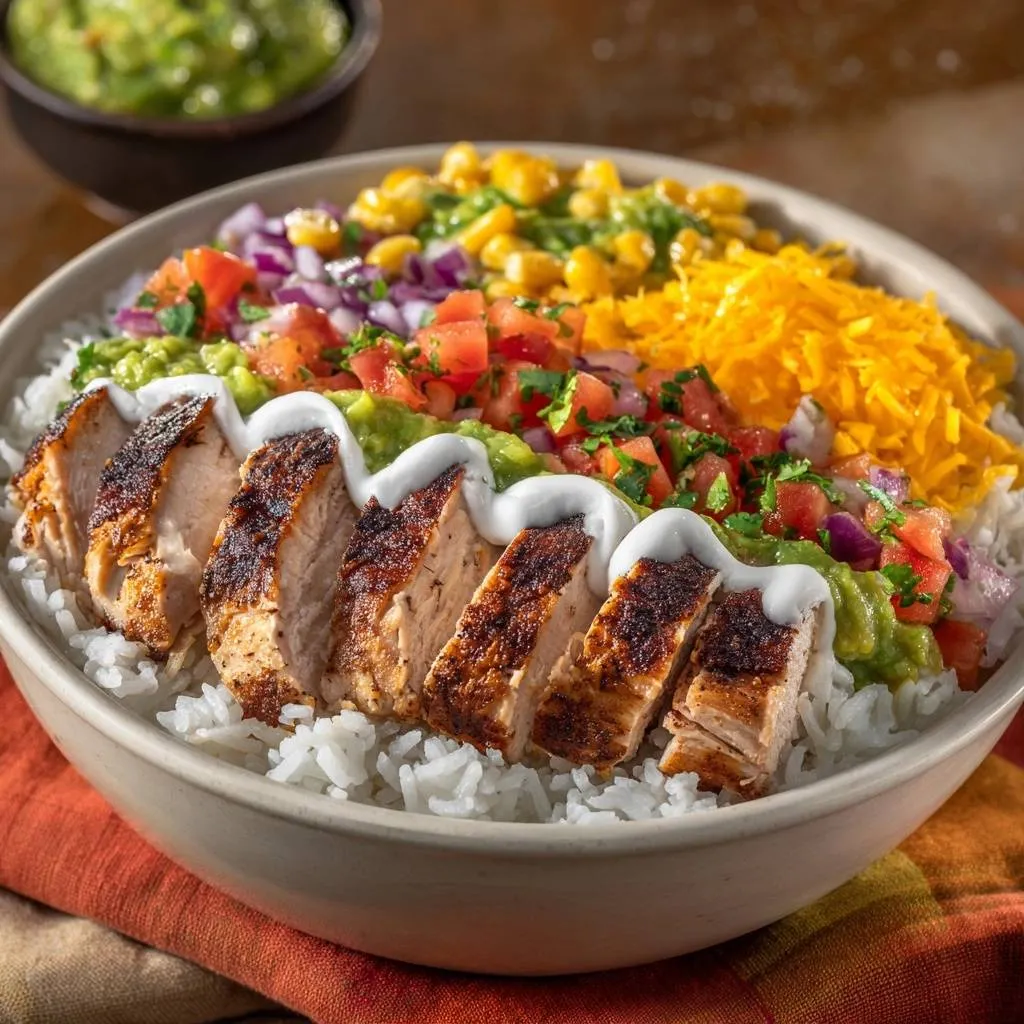 Chipotle chicken burrito bowl with juicy yogurt-marinated chicken, sliced and arranged over rice with fresh toppings.